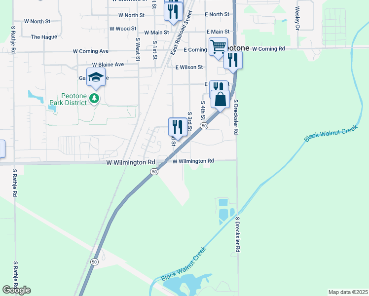 map of restaurants, bars, coffee shops, grocery stores, and more near 517 South 3rd Street in Peotone