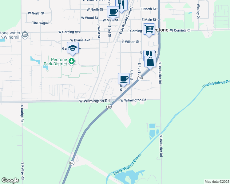 map of restaurants, bars, coffee shops, grocery stores, and more near 108 Orchard Court in Peotone