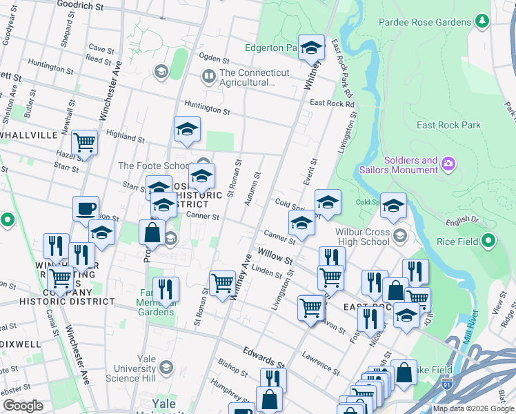 map of restaurants, bars, coffee shops, grocery stores, and more near 524 Whitney Avenue in New Haven