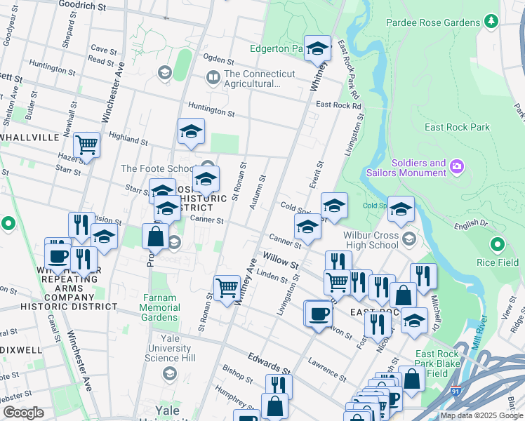 map of restaurants, bars, coffee shops, grocery stores, and more near 550 Whitney Avenue in New Haven