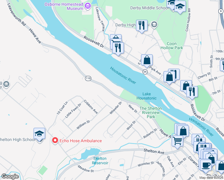 map of restaurants, bars, coffee shops, grocery stores, and more near 875 Howe Avenue in Shelton
