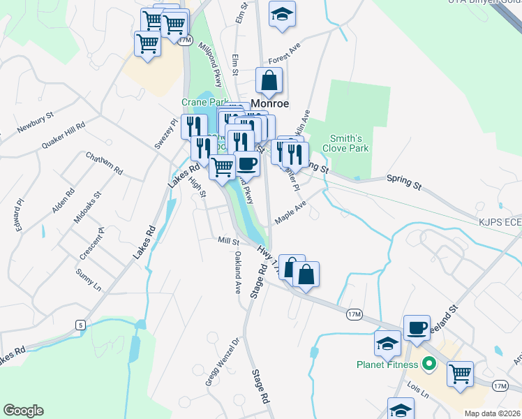 map of restaurants, bars, coffee shops, grocery stores, and more near 136 Stage Road in Monroe