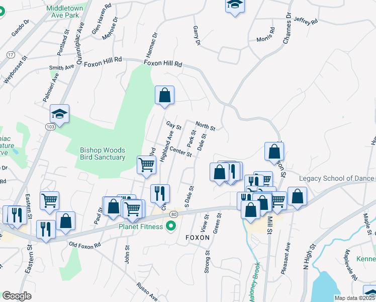 map of restaurants, bars, coffee shops, grocery stores, and more near 25 Park Street in New Haven