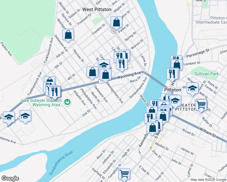 map of restaurants, bars, coffee shops, grocery stores, and more near 401 2nd Street in Luzerne County