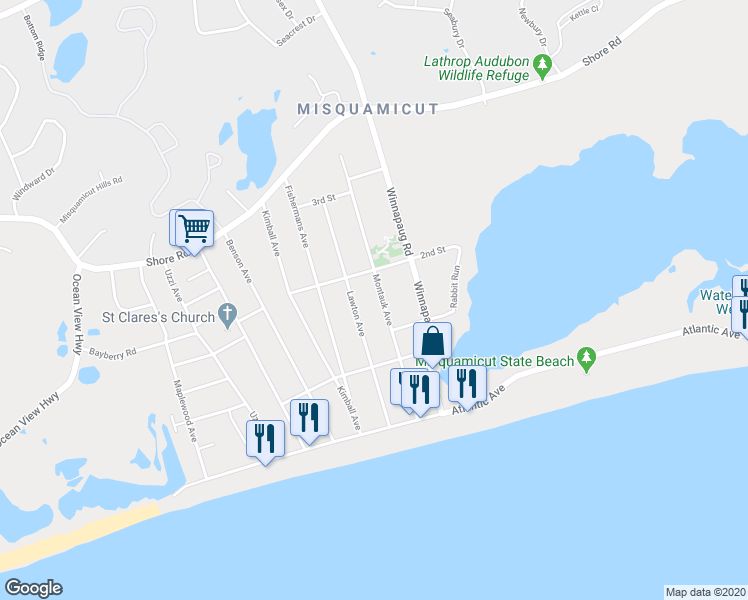 map of restaurants, bars, coffee shops, grocery stores, and more near 44 Montauk Avenue in Westerly