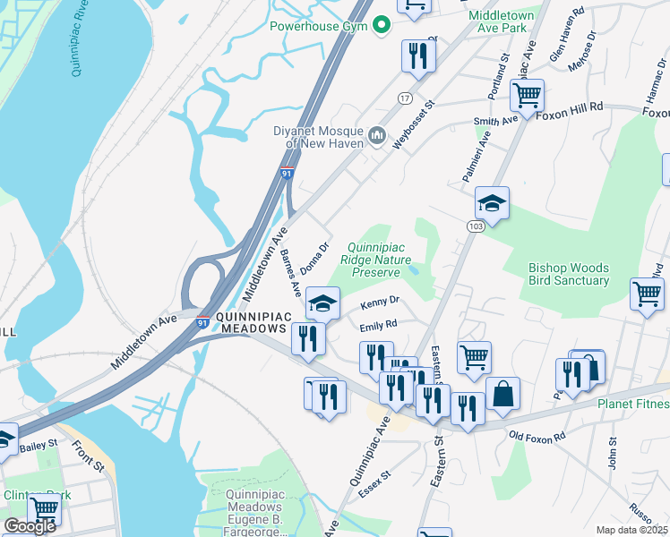 map of restaurants, bars, coffee shops, grocery stores, and more near 40 Donna Drive in New Haven