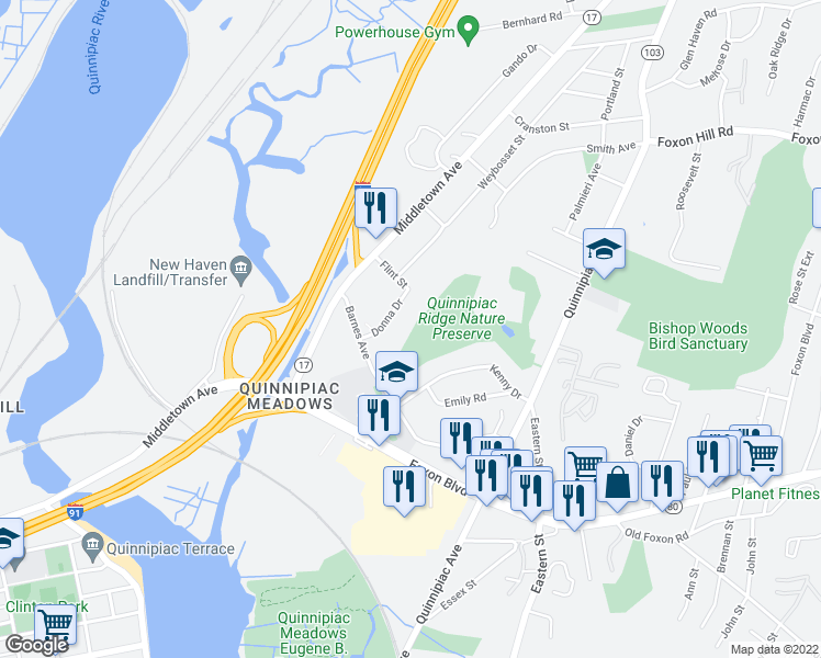 map of restaurants, bars, coffee shops, grocery stores, and more near 40 Donna Drive in New Haven