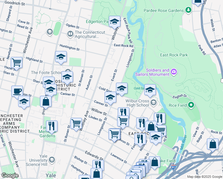 map of restaurants, bars, coffee shops, grocery stores, and more near 89 Everit Street in New Haven