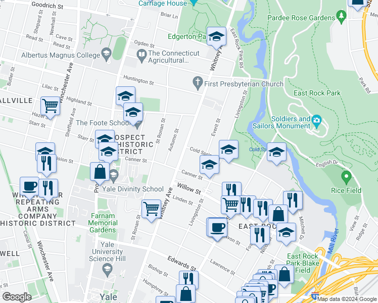 map of restaurants, bars, coffee shops, grocery stores, and more near 591 Whitney Avenue in New Haven