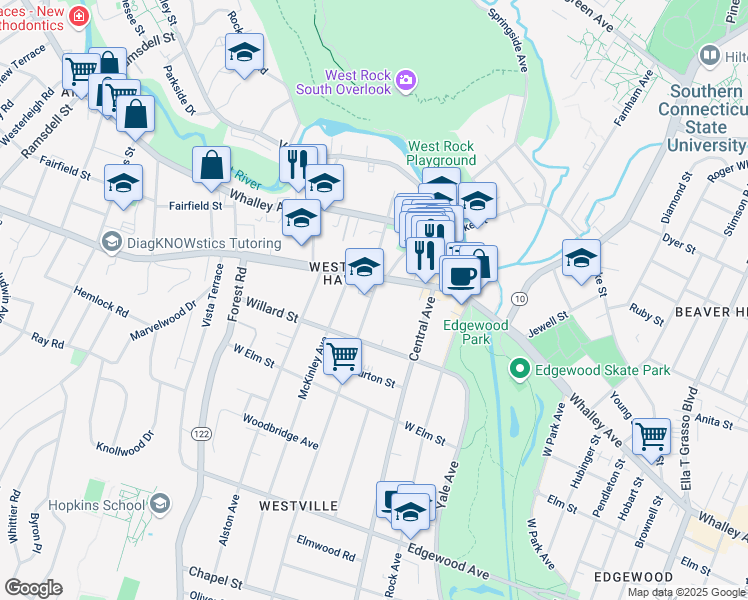 map of restaurants, bars, coffee shops, grocery stores, and more near 115 Connecticut 243 in New Haven