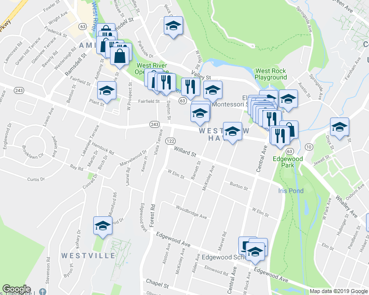 map of restaurants, bars, coffee shops, grocery stores, and more near 234 Fountain Street in New Haven