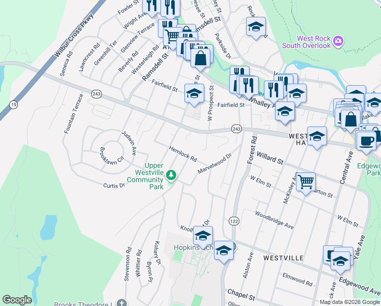 map of restaurants, bars, coffee shops, grocery stores, and more near 400 Fountain Street in New Haven