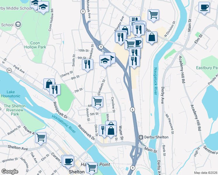 map of restaurants, bars, coffee shops, grocery stores, and more near 313 Elizabeth Street in Derby