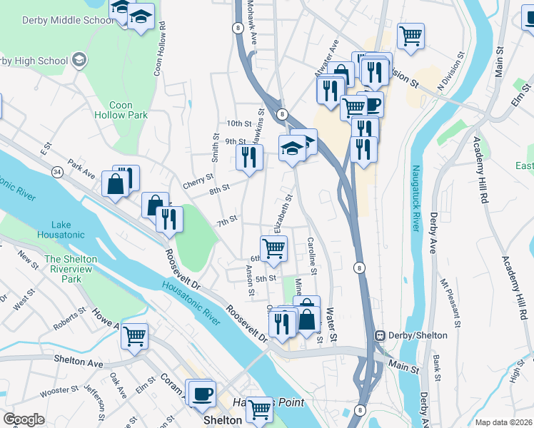 map of restaurants, bars, coffee shops, grocery stores, and more near 265 Olivia Street in Derby