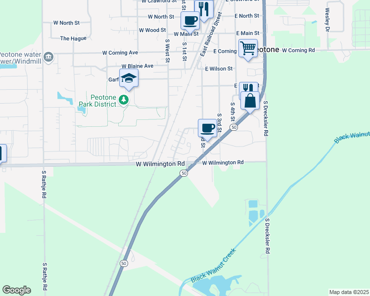 map of restaurants, bars, coffee shops, grocery stores, and more near 140 Orchard Court in Peotone