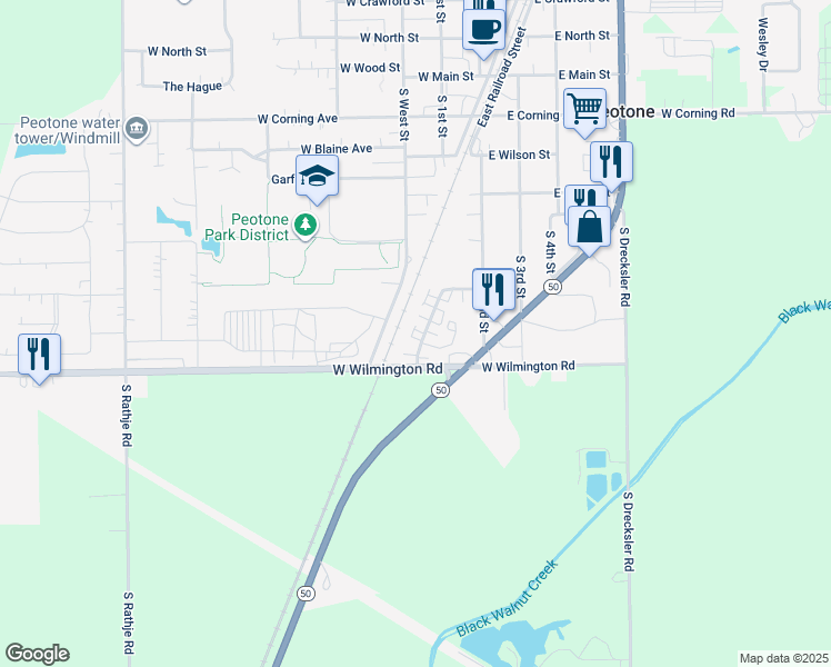 map of restaurants, bars, coffee shops, grocery stores, and more near 596 South West Street in Peotone