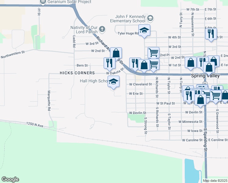 map of restaurants, bars, coffee shops, grocery stores, and more near 800 West Erie Street in Spring Valley