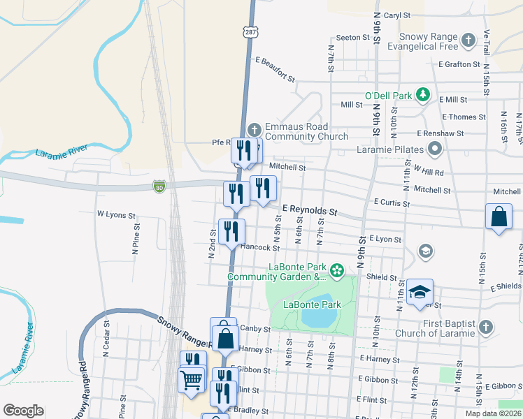 map of restaurants, bars, coffee shops, grocery stores, and more near 300 East Curtis Street in Laramie