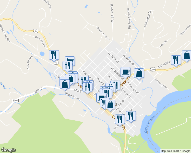 map of restaurants, bars, coffee shops, grocery stores, and more near 300 West Catharine Street in Milford