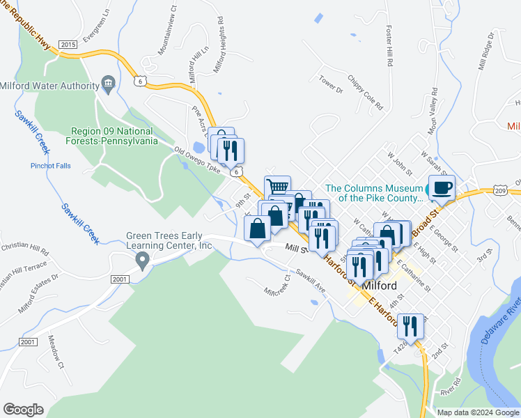 map of restaurants, bars, coffee shops, grocery stores, and more near 551-577 W Harford St in Milford