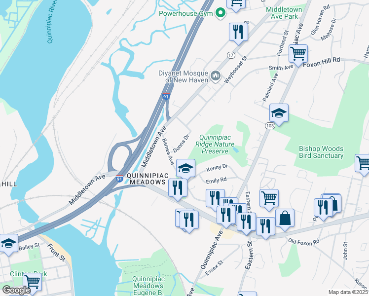 map of restaurants, bars, coffee shops, grocery stores, and more near 40 Donna Drive in New Haven