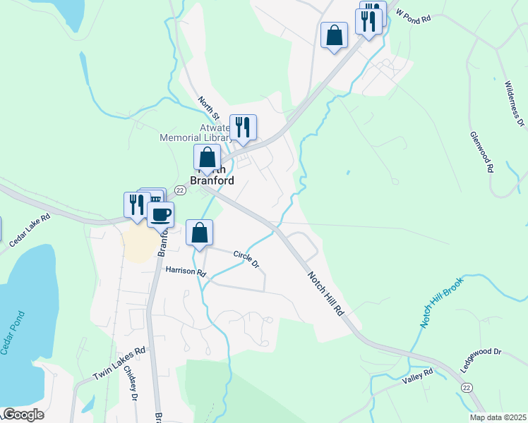 map of restaurants, bars, coffee shops, grocery stores, and more near 303 Notch Hill Road in North Branford