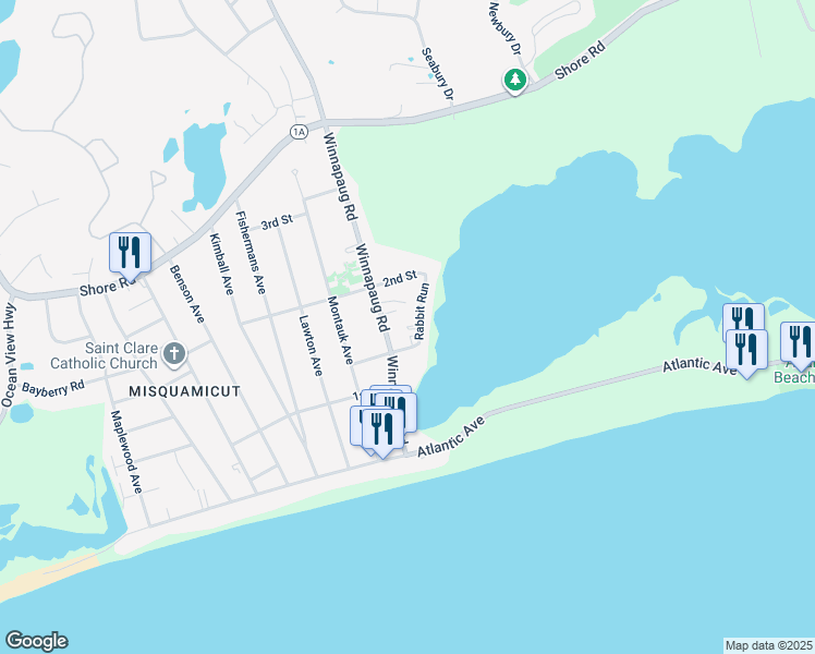 map of restaurants, bars, coffee shops, grocery stores, and more near 12 Rabbit Run in Westerly