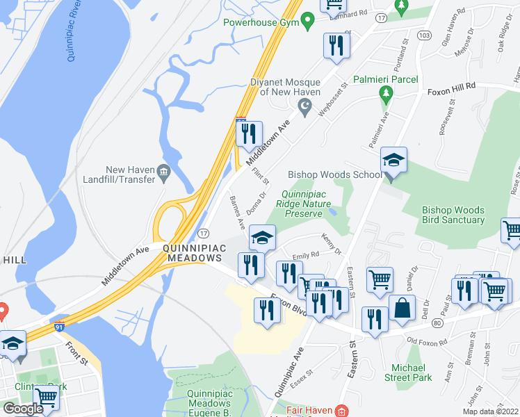 map of restaurants, bars, coffee shops, grocery stores, and more near 40 Donna Drive in New Haven