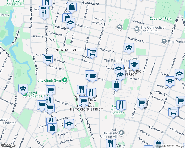 map of restaurants, bars, coffee shops, grocery stores, and more near 527 Winchester Avenue in New Haven