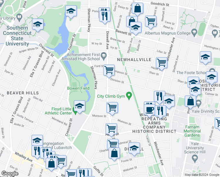map of restaurants, bars, coffee shops, grocery stores, and more near 487 Dixwell Avenue in New Haven