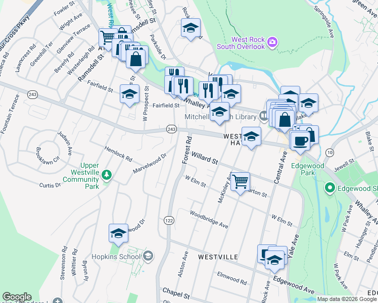 map of restaurants, bars, coffee shops, grocery stores, and more near 143 Vista Terrace in New Haven