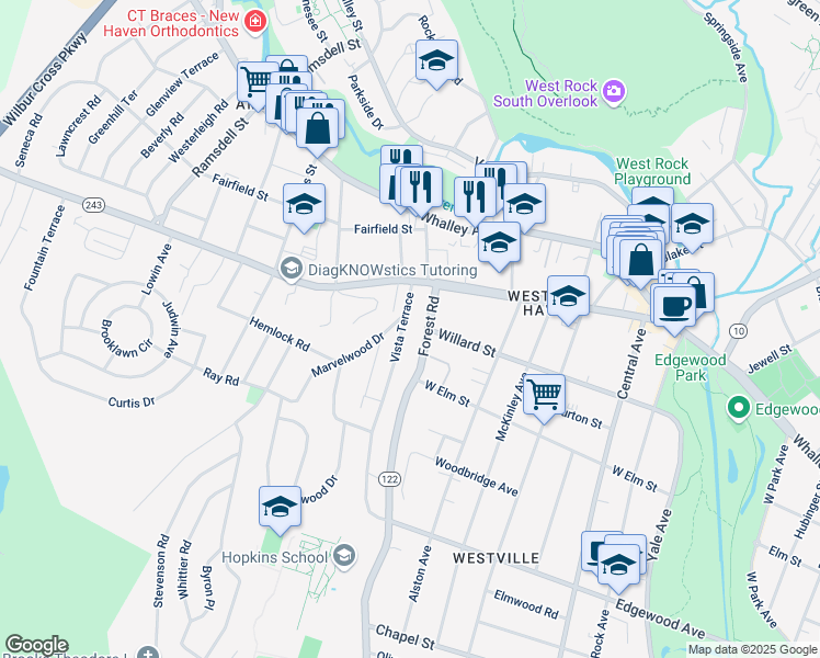 map of restaurants, bars, coffee shops, grocery stores, and more near 143 Vista Terrace in New Haven