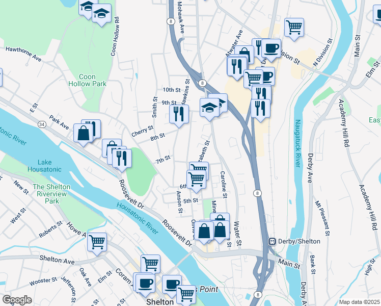 map of restaurants, bars, coffee shops, grocery stores, and more near 265 Olivia Street in Derby