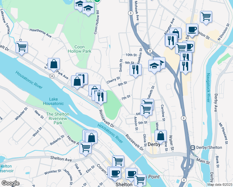 map of restaurants, bars, coffee shops, grocery stores, and more near 38 Smith Street in Derby