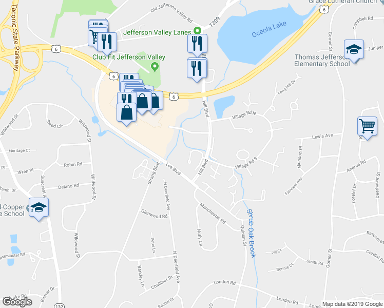 map of restaurants, bars, coffee shops, grocery stores, and more near 3505 Hill Boulevard in Yorktown Heights