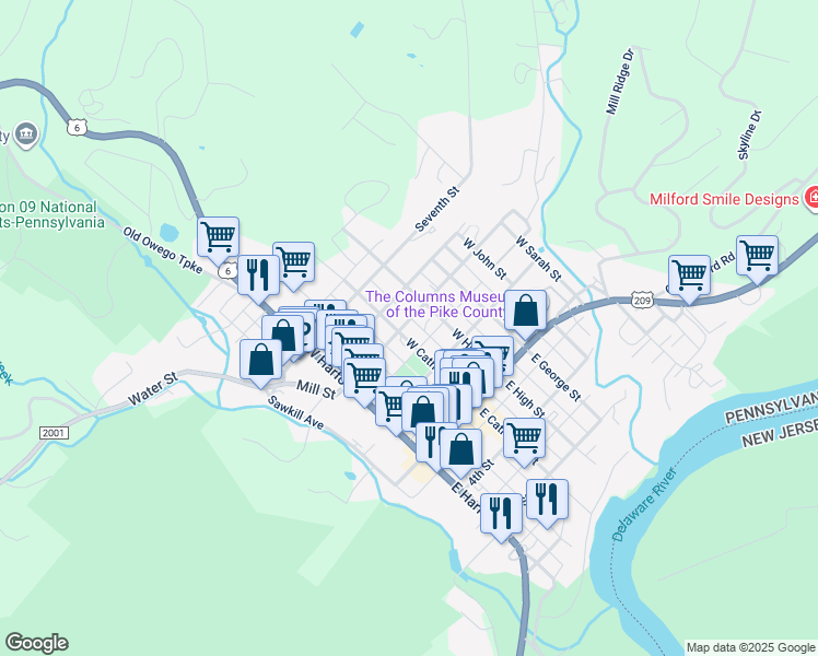 map of restaurants, bars, coffee shops, grocery stores, and more near 214 West High Street in Milford