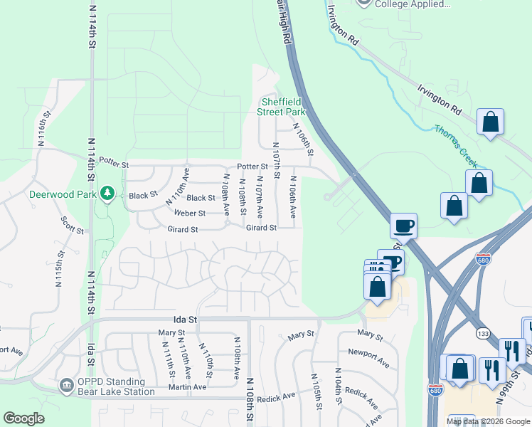 map of restaurants, bars, coffee shops, grocery stores, and more near 7412 North 107th Avenue in Omaha