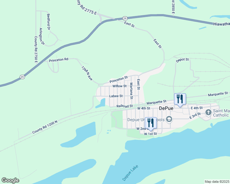 map of restaurants, bars, coffee shops, grocery stores, and more near 226 Newell Street in DePue