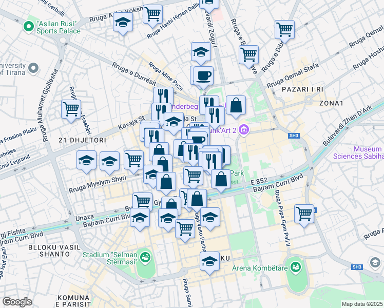 map of restaurants, bars, coffee shops, grocery stores, and more near Rruga Shyqyri Bërxolli in Tiranë
