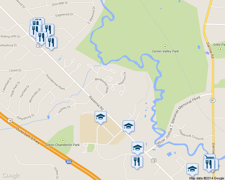 map of restaurants, bars, coffee shops, grocery stores, and more near 9417 Trivue Circle in Twinsburg