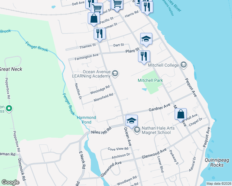 map of restaurants, bars, coffee shops, grocery stores, and more near Ocean Avenue & Mansfield Road in New London