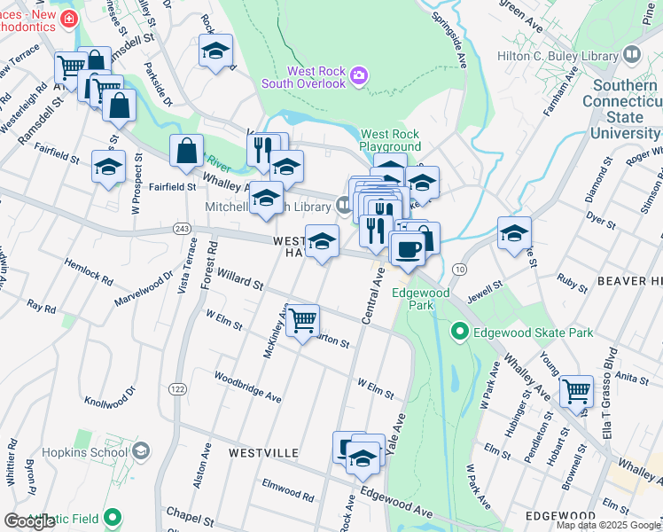 map of restaurants, bars, coffee shops, grocery stores, and more near 365 Alden Avenue in New Haven