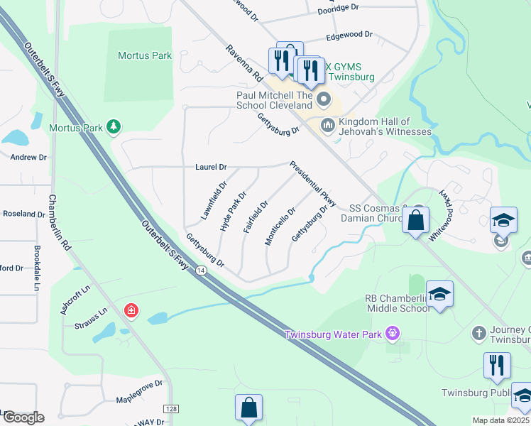 map of restaurants, bars, coffee shops, grocery stores, and more near 9430 Fairfield Drive in Twinsburg