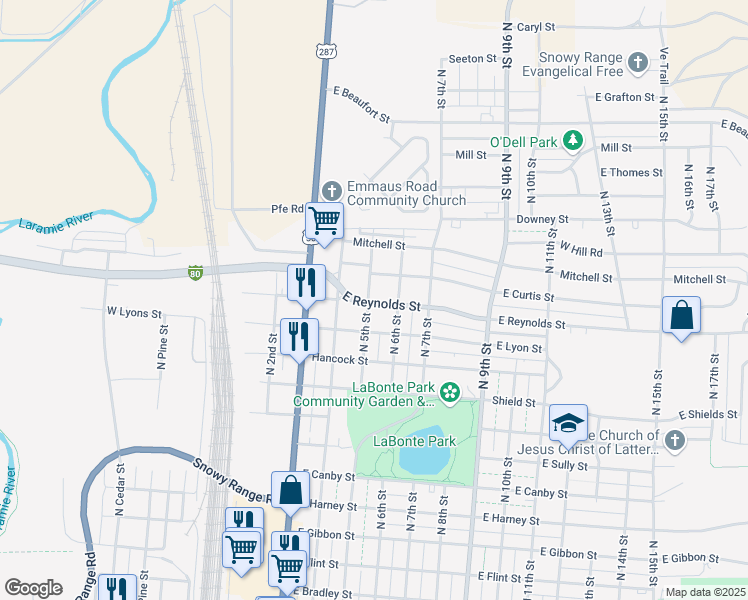 map of restaurants, bars, coffee shops, grocery stores, and more near 1575 North 4th Street in Laramie