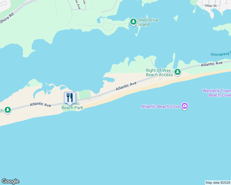 map of restaurants, bars, coffee shops, grocery stores, and more near 392 Atlantic Avenue in Westerly