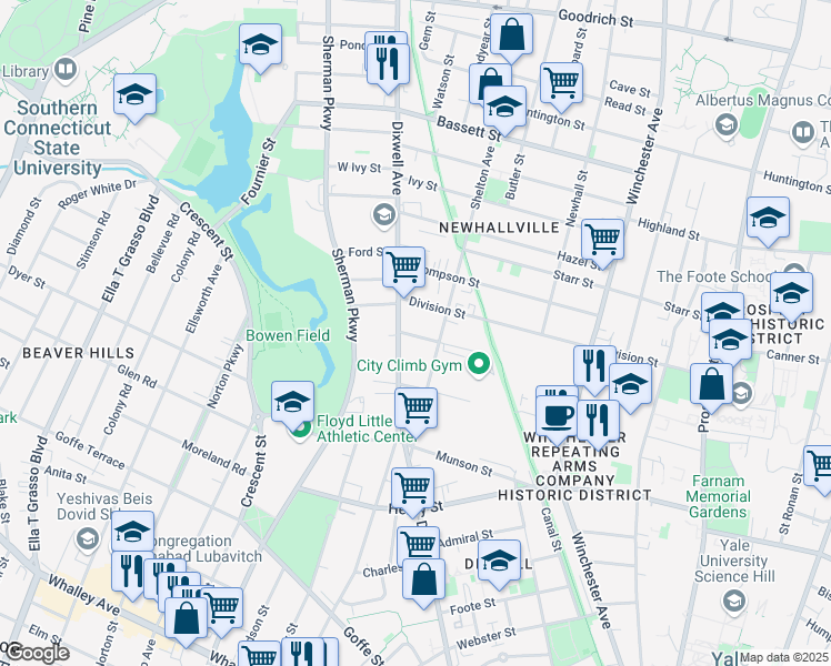 map of restaurants, bars, coffee shops, grocery stores, and more near 487 Dixwell Avenue in New Haven