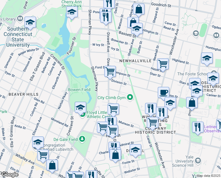 map of restaurants, bars, coffee shops, grocery stores, and more near 487 Dixwell Avenue in New Haven