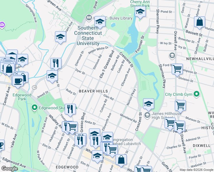 map of restaurants, bars, coffee shops, grocery stores, and more near 305 Bellevue Road in New Haven