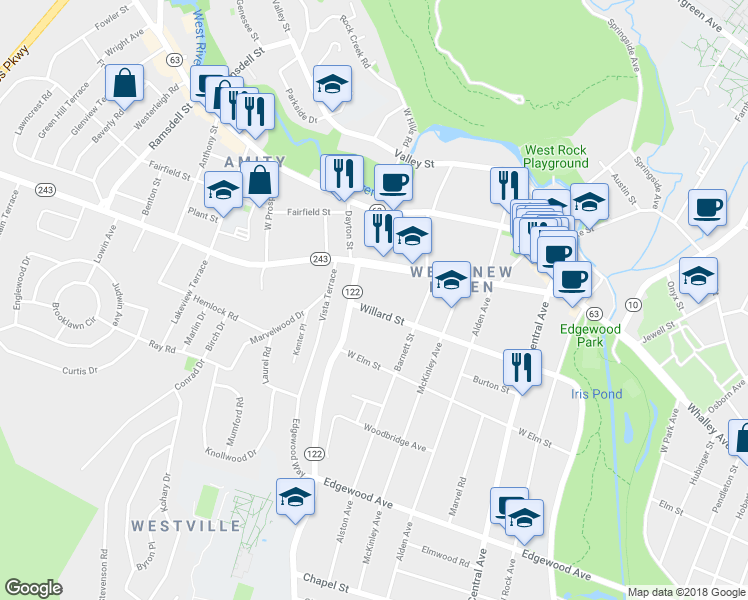 map of restaurants, bars, coffee shops, grocery stores, and more near 234 Fountain Street in New Haven