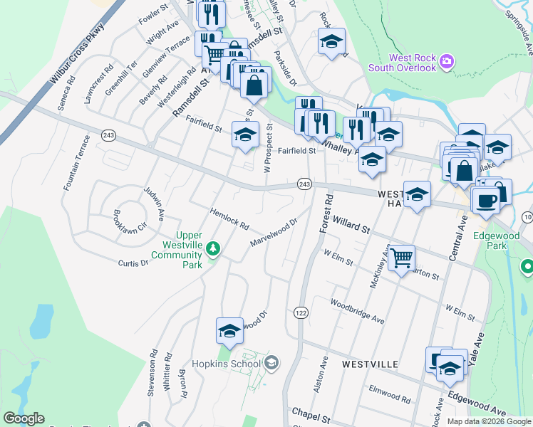 map of restaurants, bars, coffee shops, grocery stores, and more near 105 Gilnock Drive in New Haven